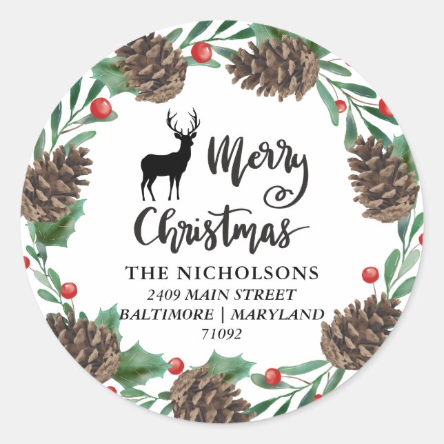 Sticker Rond Joyeux Noël | Pinecones Wreath Adresse de retour (Devant)