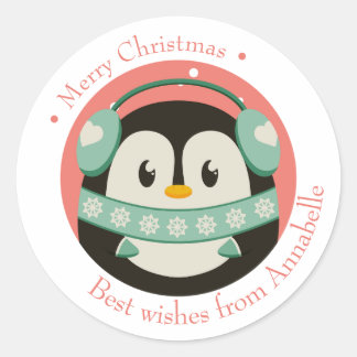 Sticker Rond Joyeux Noël, Pingouin