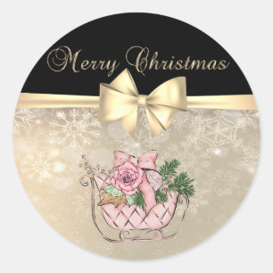 Sticker Rond Joyeux Noël, Pink Sleigh, Snowflakes, Bow