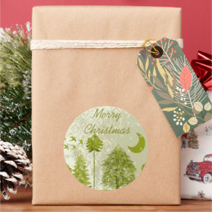 Sticker Rond Joyeux Noël Pins verts Lune et étoiles