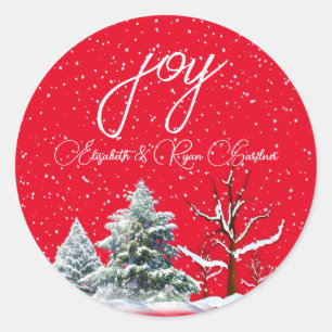 Sticker Rond Joyeux Noël Pins verts rouges Pins Snowflakes