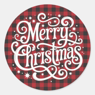 Sticker Rond Joyeux Noël Plaid Rouge & Noir Script