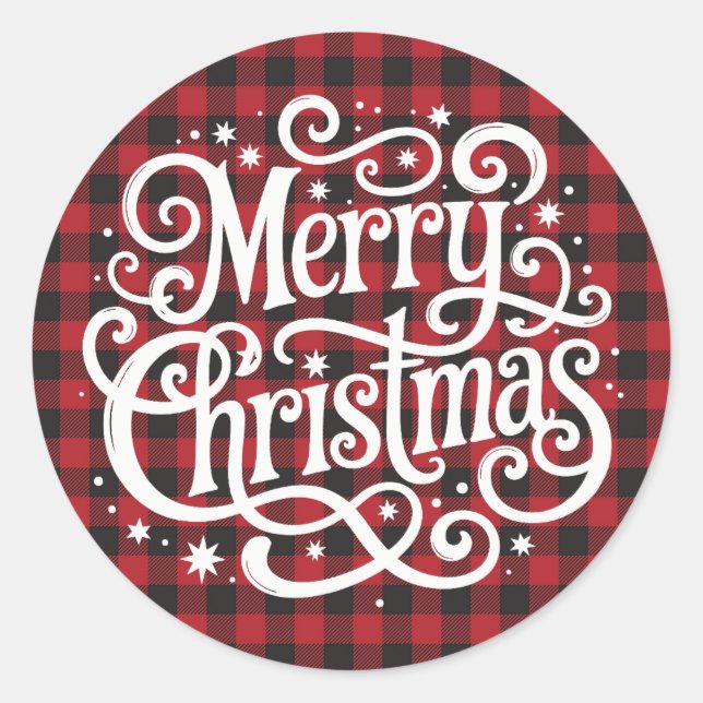 Sticker Rond Joyeux Noël Plaid Rouge & Noir Script (Devant)
