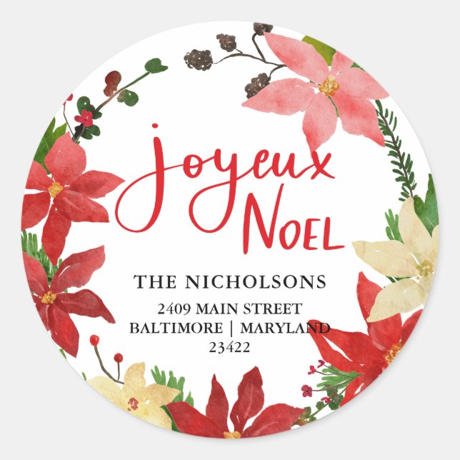 Sticker Rond Joyeux Noel Poinsettia Wreath Return Adresse (Devant)
