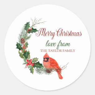 Sticker Rond Joyeux Noël, Red Cardinal Bird Holly Berry