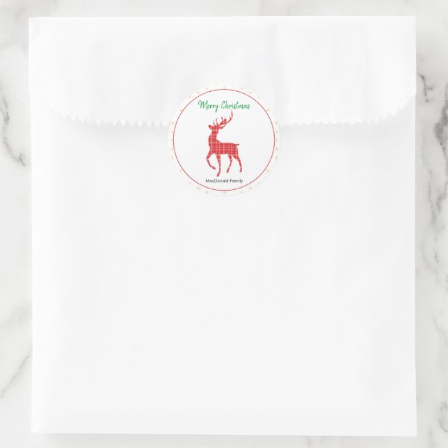 Sticker Rond Joyeux Noël Red Plaid Reindeer Gold Star (Sac)