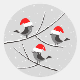 Sticker Rond Joyeux Noël Red Santa Hat Birds