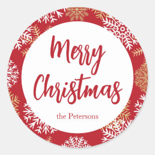 Sticker Rond Joyeux Noël Red Winter Flakes personnalisés