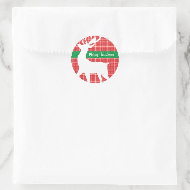 Sticker Rond Joyeux Noël Reindeer Red Plaid Twill Motif (Sac)