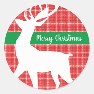 Sticker Rond Joyeux Noël Reindeer Rouge Plaid Twill
