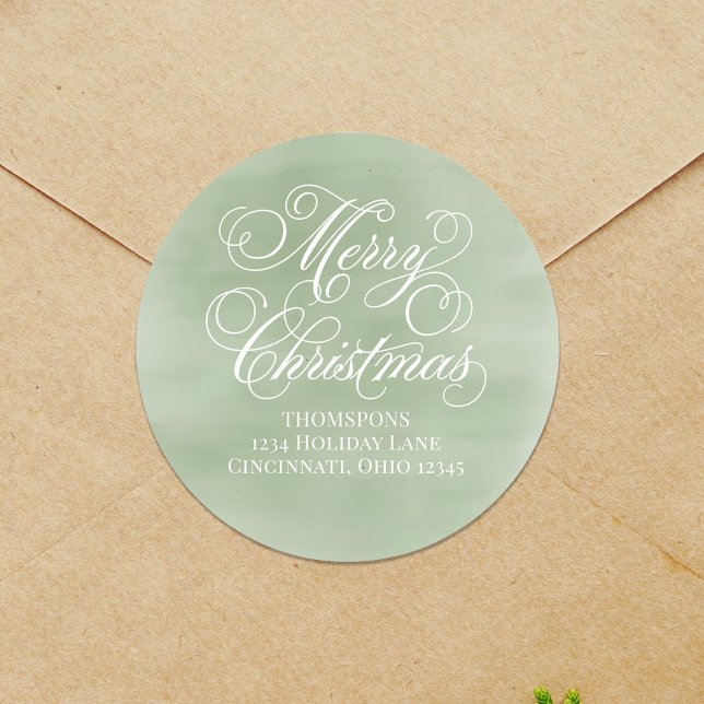 Sticker Rond Joyeux Noël Retourner Adresse Script vert (Merry Christmas calligraphy script return address label.)