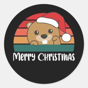 Sticker Rond Joyeux Noël Retro Beaver Noël