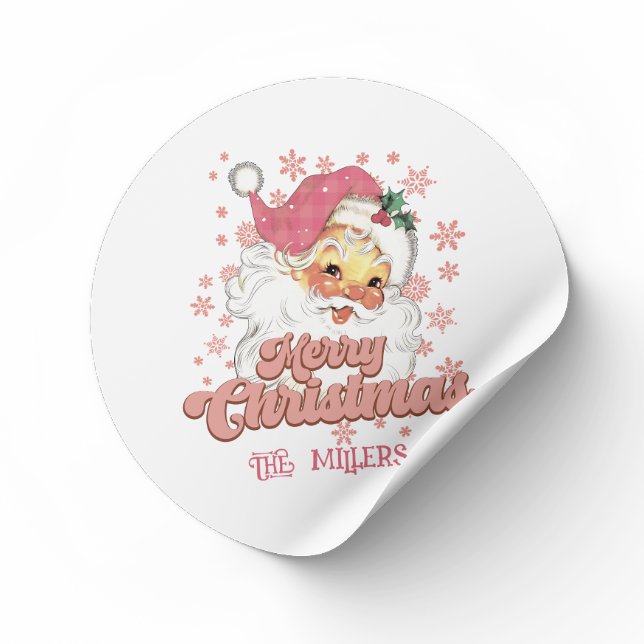 Sticker Rond Joyeux Noël Retro Typographie Père Noël Pink Casqu (Créateur téléchargé)