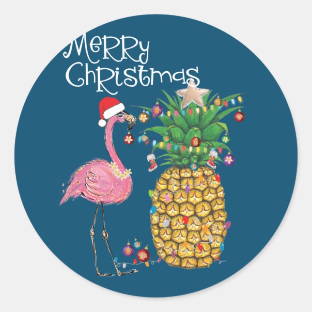 Sticker Rond Joyeux Noël rose Flamant rose Noël (Devant)