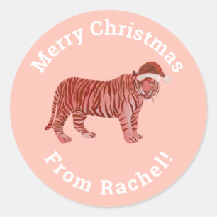 Sticker Rond Joyeux Noël rose personnalisé Père Noël Tiger