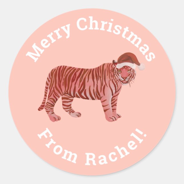 Sticker Rond Joyeux Noël rose personnalisé Père Noël Tiger (Devant)