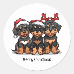 Sticker Rond Joyeux Noël Rottweiler Chien Père Noël