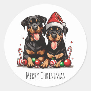 Sticker Rond Joyeux Noël Rottweiler Chien Père Noël
