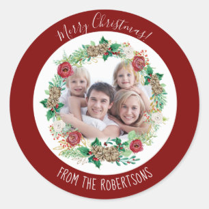 Sticker Rond Joyeux Noël Rouge Aquarelle Wreath Photo famille