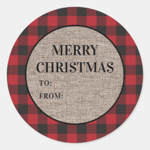 Sticker Rond Joyeux Noël Rouge Buffalo Laid Burlap De