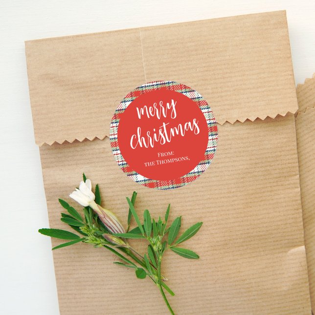 Sticker Rond Joyeux Noël Rouge Calligraphie Script Simple (Merry Christmas simple festive holiday calligraphy script round sticker. )