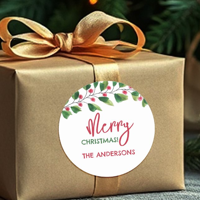 Sticker Rond Joyeux Noël Rouge Et Vert Aquarelle Wreath (Créateur téléchargé)