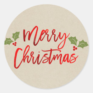 Sticker Rond Joyeux Noël Rouge Faux Feuille Moderne Écriture Kr