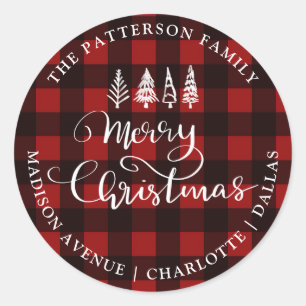 Sticker Rond Joyeux Noël Rouge Motif Plaid Adresse de retour
