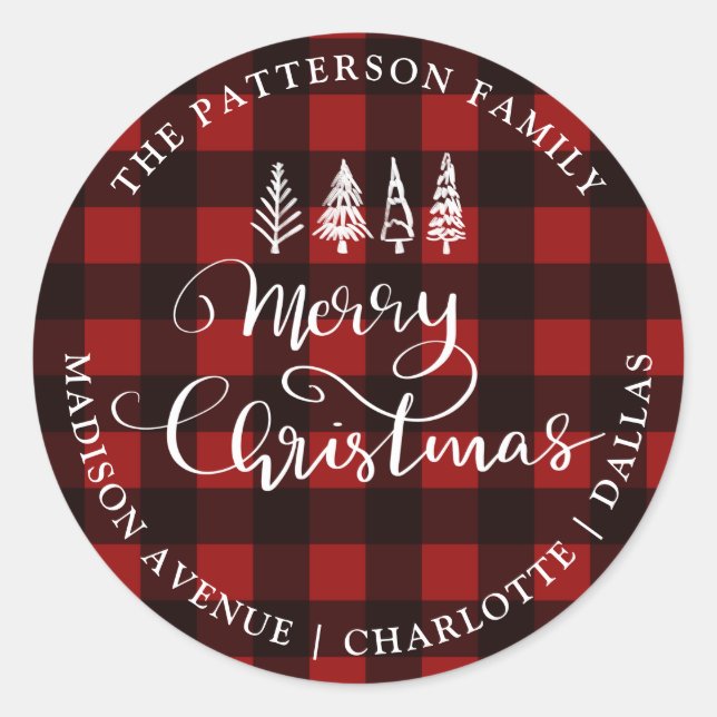 Sticker Rond Joyeux Noël Rouge Motif Plaid Adresse de retour (Devant)