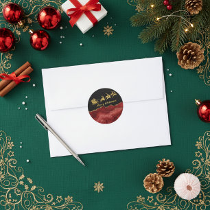Sticker Rond Joyeux Noël Rouge Or Élégant Traîneau de Père Noël
