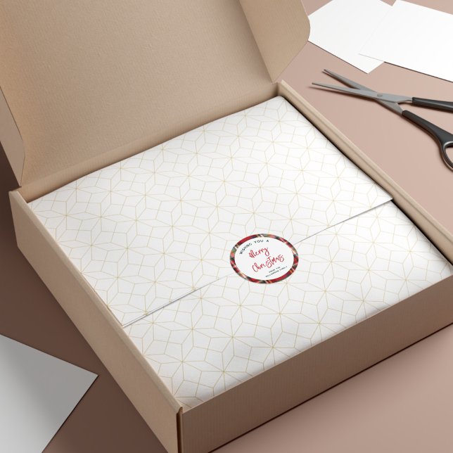 Sticker Rond Joyeux Noël Rouge personnalisé (Rustic Plaid Script Christmas Holidays Family Favors Stickers)