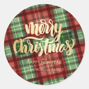 Sticker Rond Joyeux Noël Rouge Vert Buffalo à Carreaux