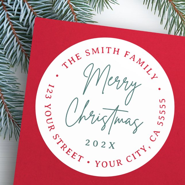 Sticker Rond Joyeux Noël rouge vert script retour adresse (Merry Christmas red green script return address Classic Round Sticker)