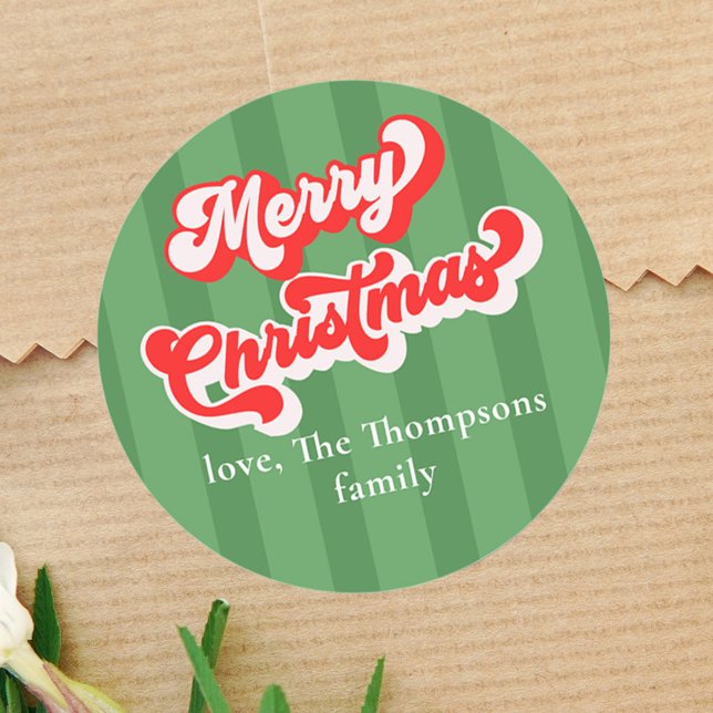 Sticker Rond Joyeux Noël Rouge Vert Whimsical Typographie (Merry Christmas with Bold green stripes )