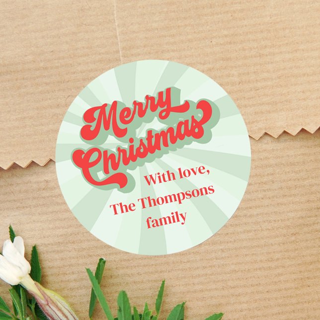 Sticker Rond Joyeux Noël Rouge Vert Whimsical Typographie (Merry Christmas Holiday red and green custom sticker )