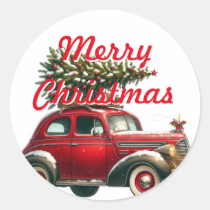 Sticker Rond Joyeux Noël Rouge Vintage Voiture Arbre de Noël