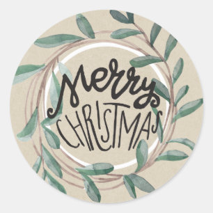 Sticker Rond Joyeux Noël Rustique Kraft Botanique Feuille couro