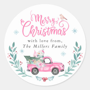 Sticker Rond Joyeux Noël Rustique Pink Truck hiver Floral