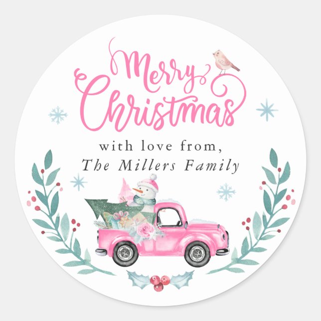 Sticker Rond Joyeux Noël Rustique Pink Truck hiver Floral (Devant)