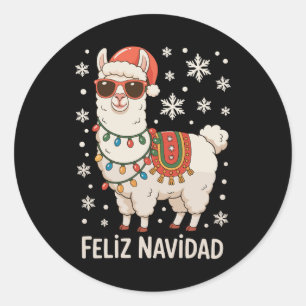 Sticker Rond Joyeux Noël Santa Lama Lumières de Noël Xmas