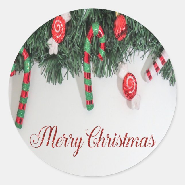 Sticker Rond Joyeux Noël, Sapin, Canne de Bonbon (Devant)