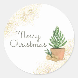 Sticker Rond Joyeux Noël Sapin de Noël en pot et paquet Kraft