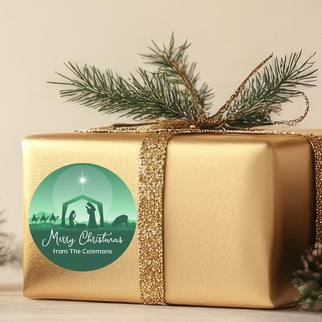 Sticker Rond Joyeux Noël Scène de la Nativité Verte Religieuse (Créateur téléchargé)