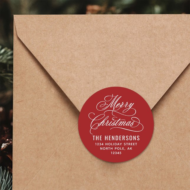 Sticker Rond Joyeux Noël Script Retourner l'adresse Rouge (Créateur téléchargé)