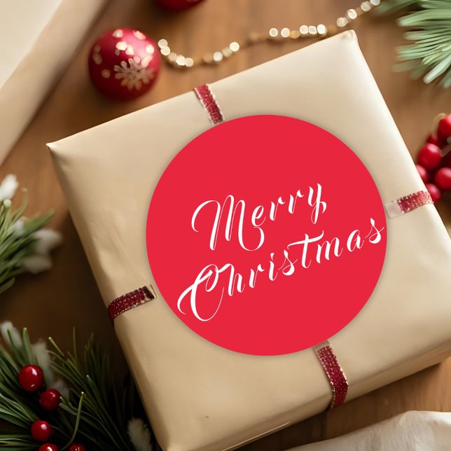 Sticker Rond Joyeux Noël Script White Red Holiday (Créateur téléchargé)