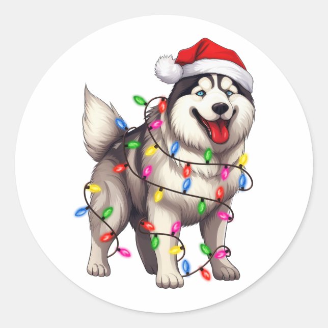 Sticker Rond Joyeux Noël Sibérien Husky avec Santa Hat (Devant)