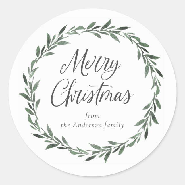 Sticker Rond Joyeux Noël Simple Guirlande Aquarelle Rustique (Devant)