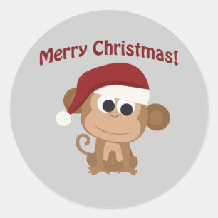Sticker Rond Joyeux Noël ! Singe de Père Noël