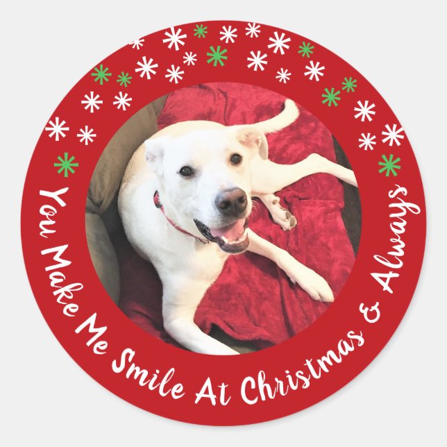 Sticker Rond Joyeux Noël Smiling Chien Photo Funny Red Circle (Devant)