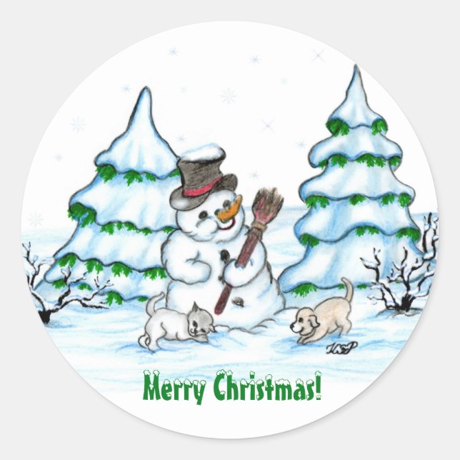 Sticker Rond Joyeux Noël ! Snowman avec chat et chiot (Devant)